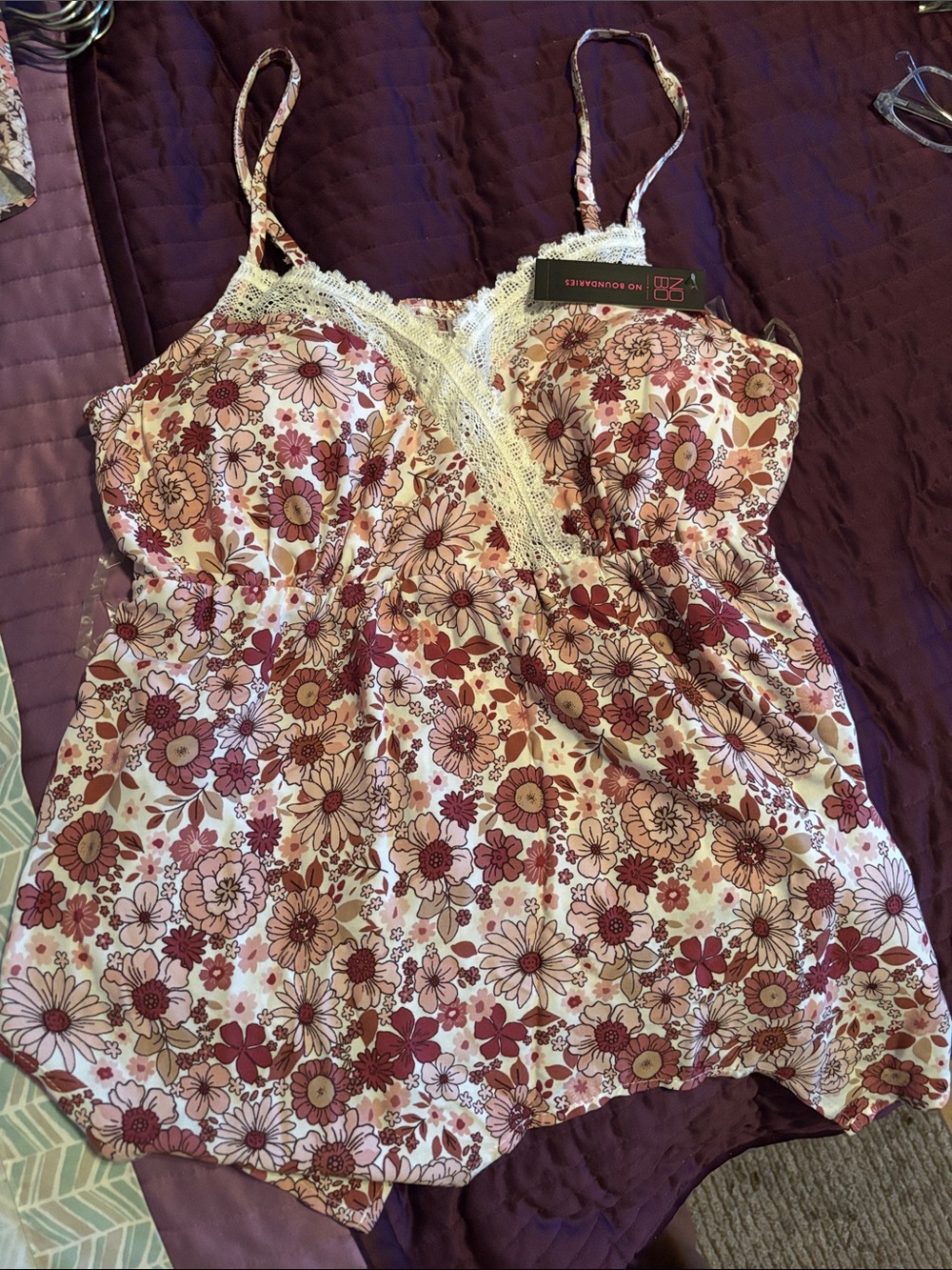 No Boundaries Mauve Pink Floral Lace-Trim Cami